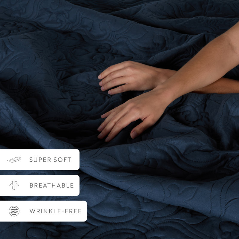 Ensemble de courtepointe légère en damas doux toutes saisons par Simply Soft, Bleu marine