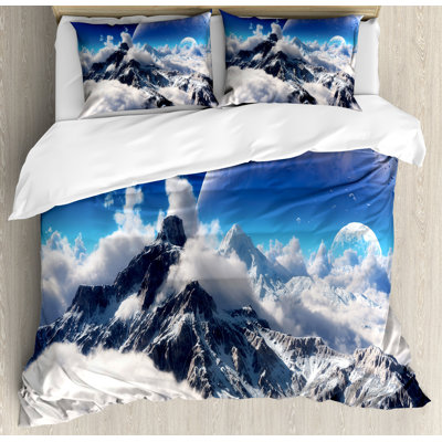 Ambesonne Fantasy Duvet Cover Set, Snow Capped Mountain, Calking, White and Navy Blue -  nev_12933_calking