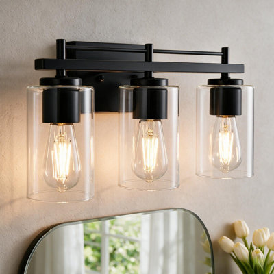Luminaire de meuble-lavabo moderne à 3 lumières avec abat-jour en verre transparent et cadre en métal pour salle de bain, miroir de meuble-lavabo