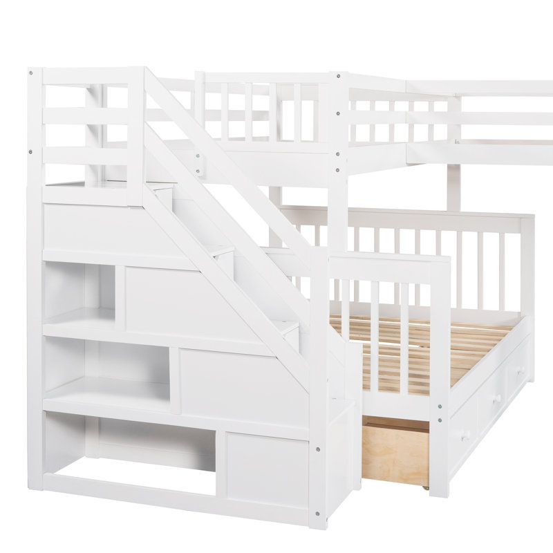 Lit superposé simple au-dessus de double en L avec escalier de rangement et tiroirs Eilidhmay, Blanc