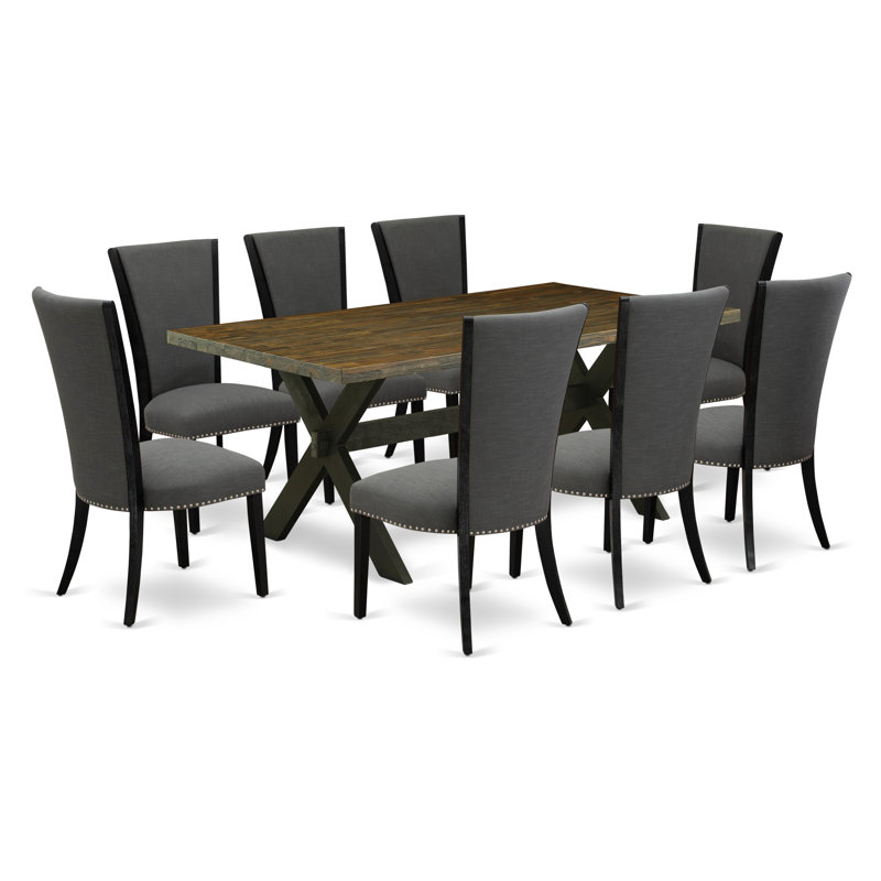 Ensemble de table de salle à manger 9 pièces comprenant une table de salle à manger rectangulaire avec pieds en X et 8 chaises Parsons en tissu Gotham foncé, noir brossé