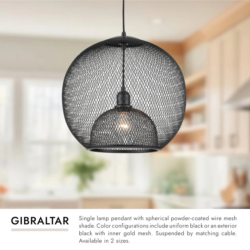 1 - Light Single Globe Pendant, Black/Gold, 17" H x 18" W x 18" D