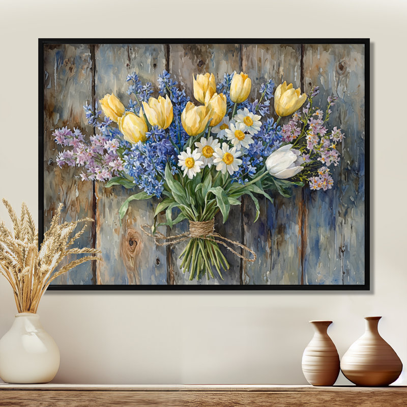 Country Breeze Bouquet I - Assortiment de bouquets d'art mural, H 34 po x l 44 po, Cadre flottant, Noir