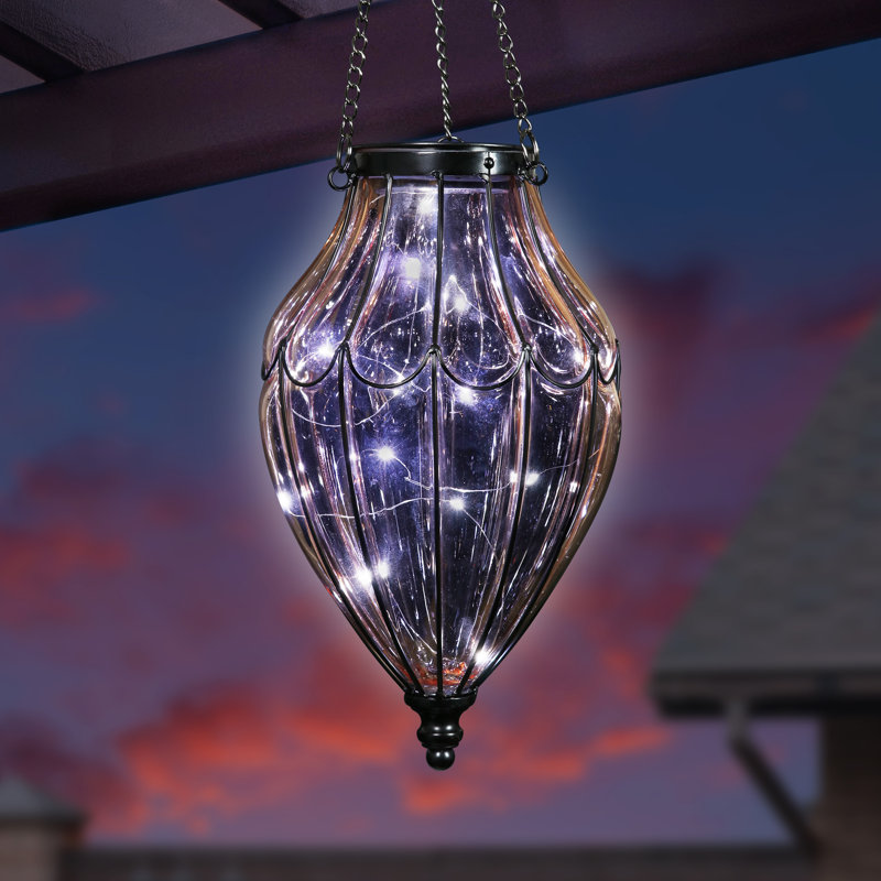 Exhart Solar Hanging Lantern with Waving Pattern, Amber