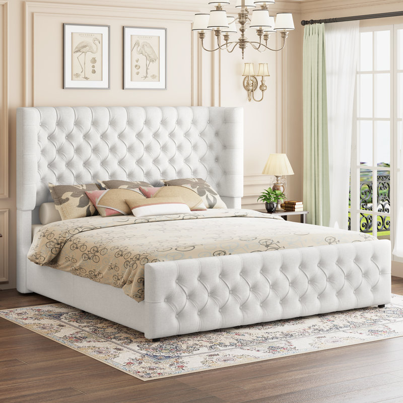 Tête de lit capitonnée profonde à oreilles et rembourrée, Blanc, Grand