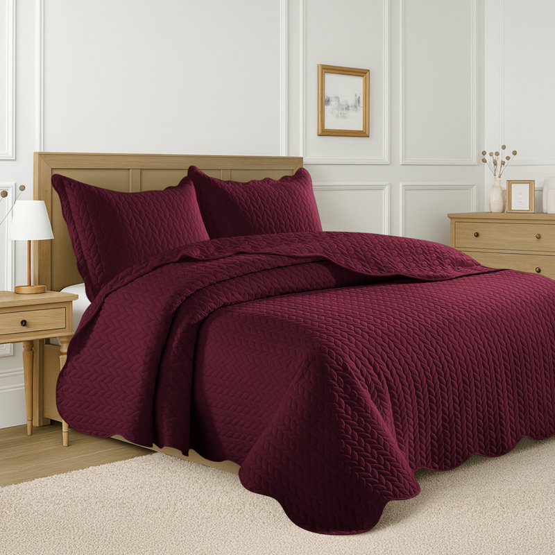 Embossed Quilted Bedspread Set – Ultra Soft Microfiber Coverlet With Pillow Shams, Hotel-Style Bedding For All Beds, Burgundy