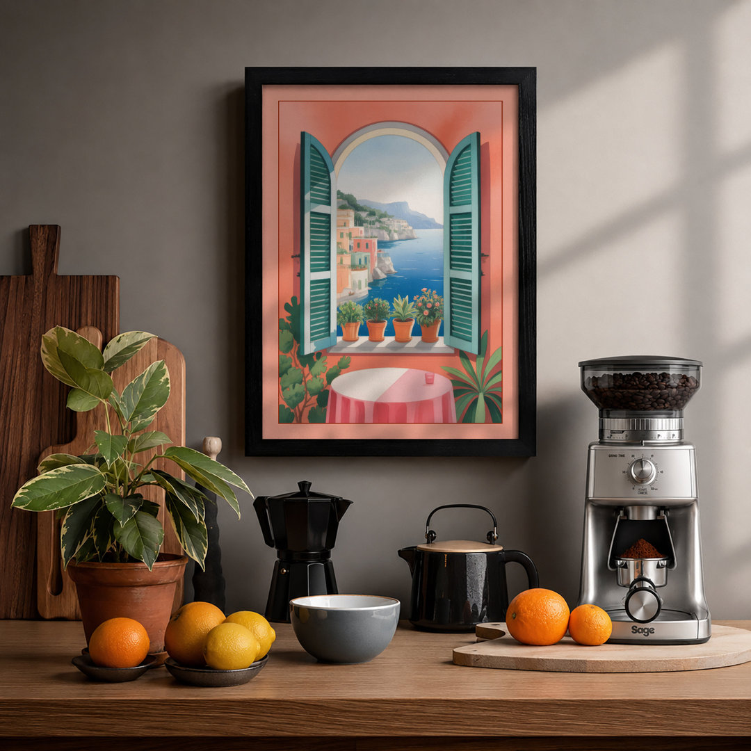 Mediterranean Window View Coastal - Framed Print