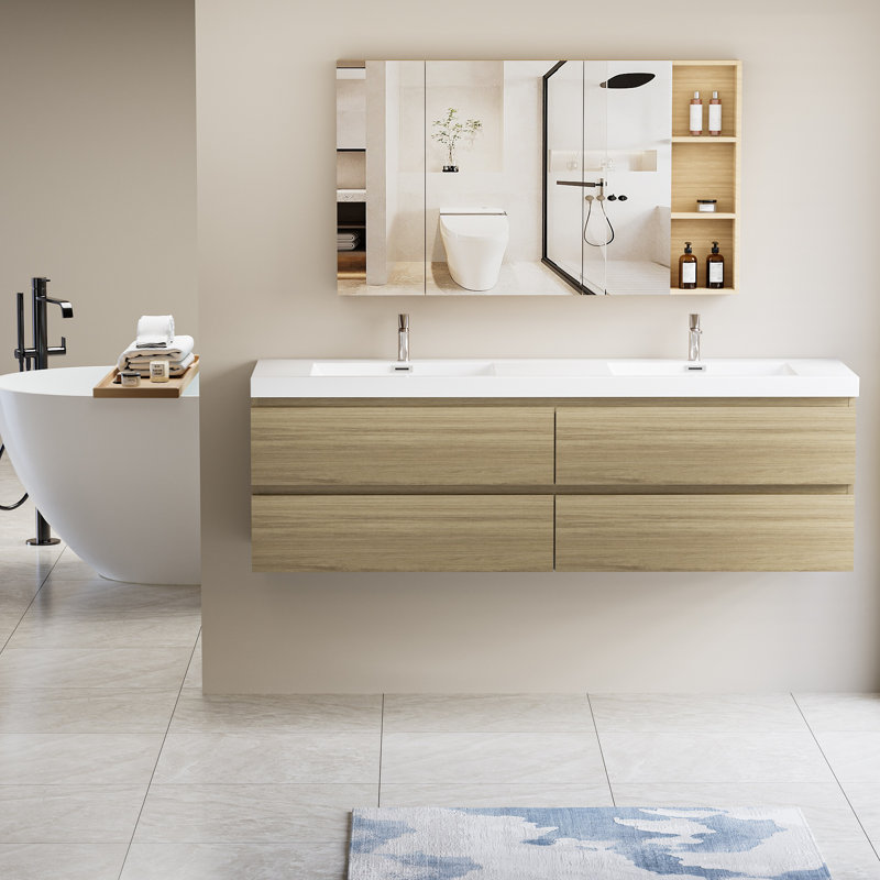 Meuble-lavabo mural 72 po avec lavabo, meuble-lavabo mural moderne 72 po avec deux tiroirs en résine, Chêne