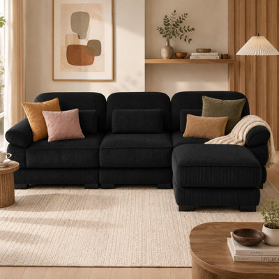 Canapé modulaire en L surdimensionné en L de 104 po Schum, canapé modulaire 3 places avec repose-pieds, coussins épais en mousse viscoélastique, tissu respirant en velours côtelé, accoudoirs détachables, pour le salon