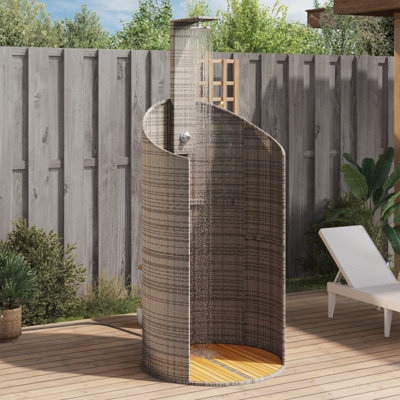 95.08 in. H Solar Powered Temperature Controlled Portable Plastic and Solid Wood Outdoor Shower with Detachable Shower Head and Footwash Spout and Duckboard