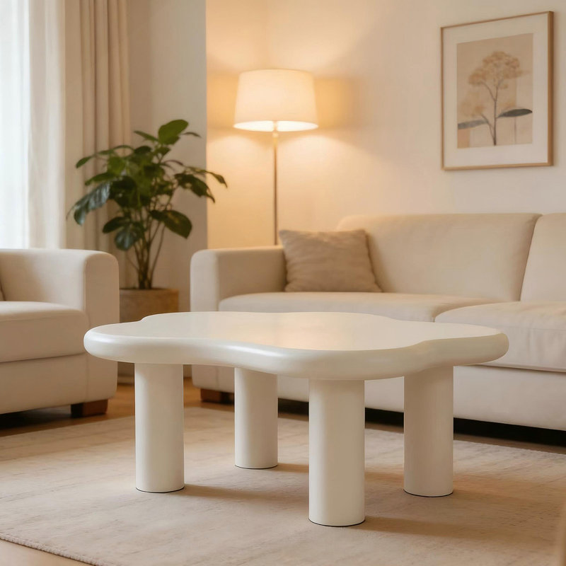 Table basse de 40 pouces en forme de nuage avec 4 pieds de table ronds, convient aux salons, blanc