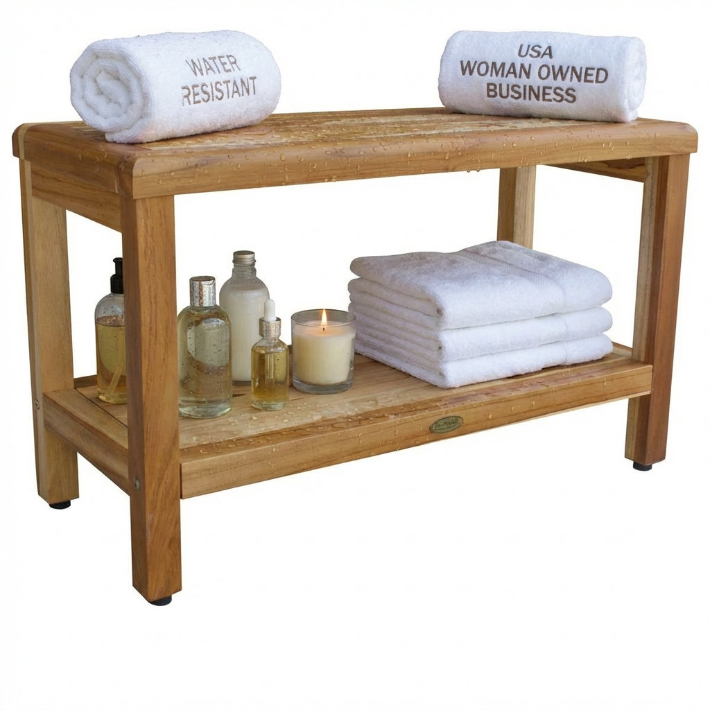 EcoDecors Eleganto Teak Shower/Garden Bench in Natural Earthy Teak, 35-inch Wide, Teak Shower Bench, Shelf, Teak Shower Stool, Teak Shower Seat, Shower Teak Bench, Natural Teak Color, 35 Inch, Teak Shower Bench for Inside Shower, 18 Inch Height EcoDecors