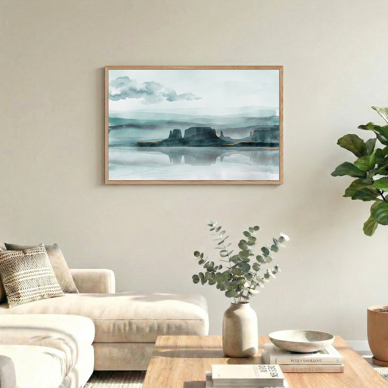 «Blue Watercolor Butte Landscape», art mural sur toile avec lignes dorées, H 32 po x l 48 po