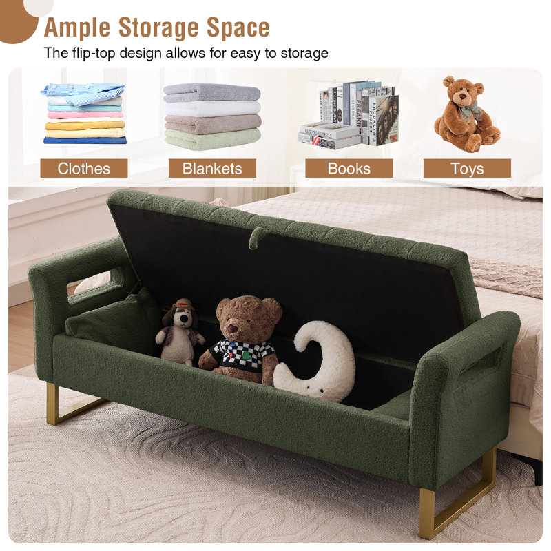 66"W Upholstered Flip Top Teddy Storage Bench King Size with Gold Legs,Curverd Armrest and 2 Pillows , Green, 67"W