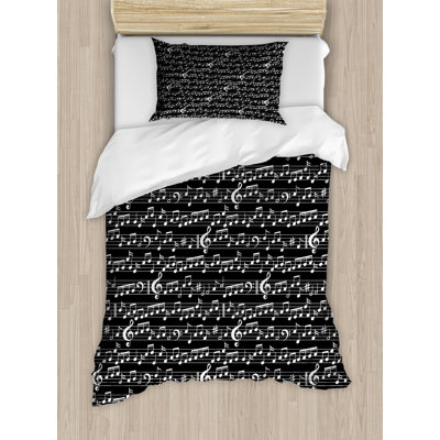 Ambesonne Black Duvet Cover Set, Musical Note Print, Twin, Black and White -  nev_23612_twin