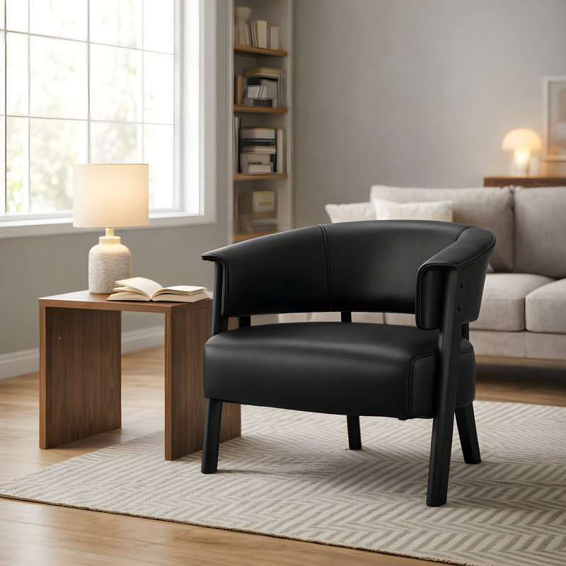 Fauteuil à oreilles en similicuir noir, monobloc, dossier enveloppant, design ergonomique, pieds en bois d'hévéa massif, 1