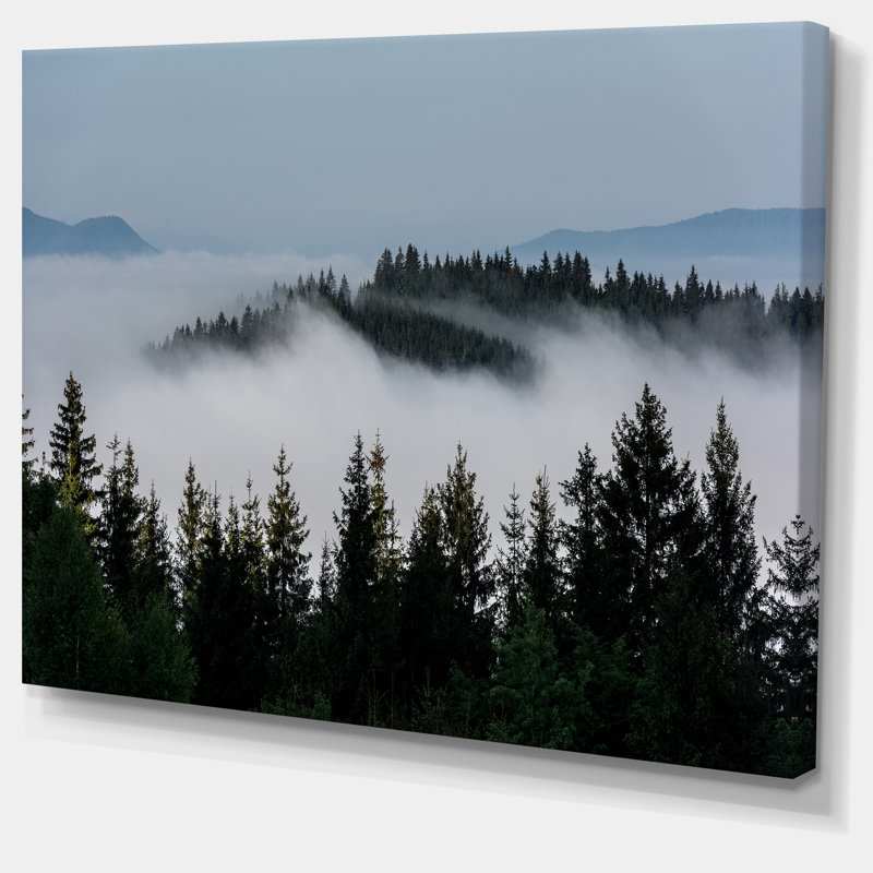 Dark Trees and Fog Over Mountains Landscape Wrapped Canvas Print