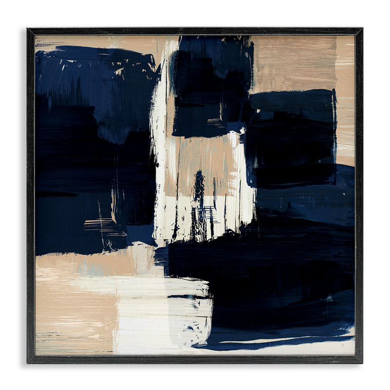 «Restless Blue & Tan Shapes», art de la giclée encadrée par Susan Jill, H 12 po x l 12 po, Giclée encadrée noir minuit