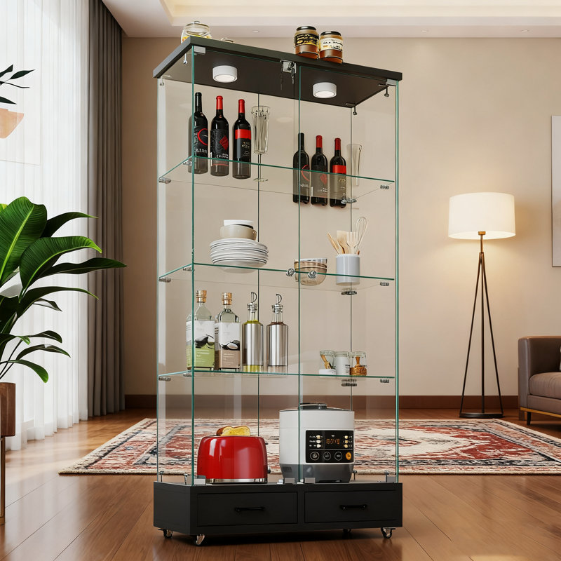 1x Black Modern Glass Display Cabinet (2-door Storage Case/tempered Glass Bookshelf) | 14.4"w X32.1"d X65.8"h, Locking Storage, Living Room/bedroom