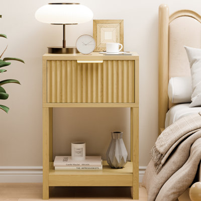 Night Stand, Mid Century Modern Bedside Table With Drawer And Open Shlef, Light Wood End Table For Living Room Fluted Night Stand With Solid Wood Legs For Bedroom, Oak, 1pc