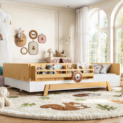 Lit double pleine grandeur avec garde-corps et tablettes pleine longueur, lattes en bois massif Montessori, conception à profil bas et bloc de construction enfantin, blanc et naturel