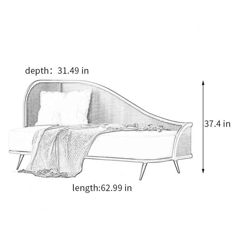 Chaise longue rembourrée en bois massif de rotin, Chaise longue à accoudoir gauche