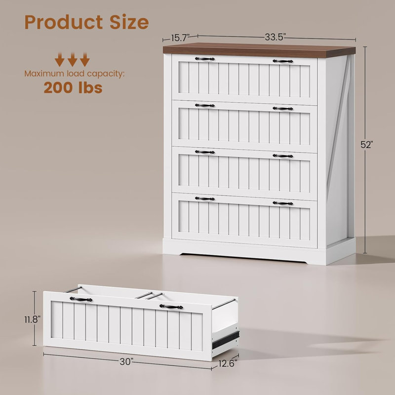 Farmhouse 4-Drawer File Cabinet, Wood Filing Cabinet for Home Office, Holds Letter/Legal/A4 Size, White and Brown