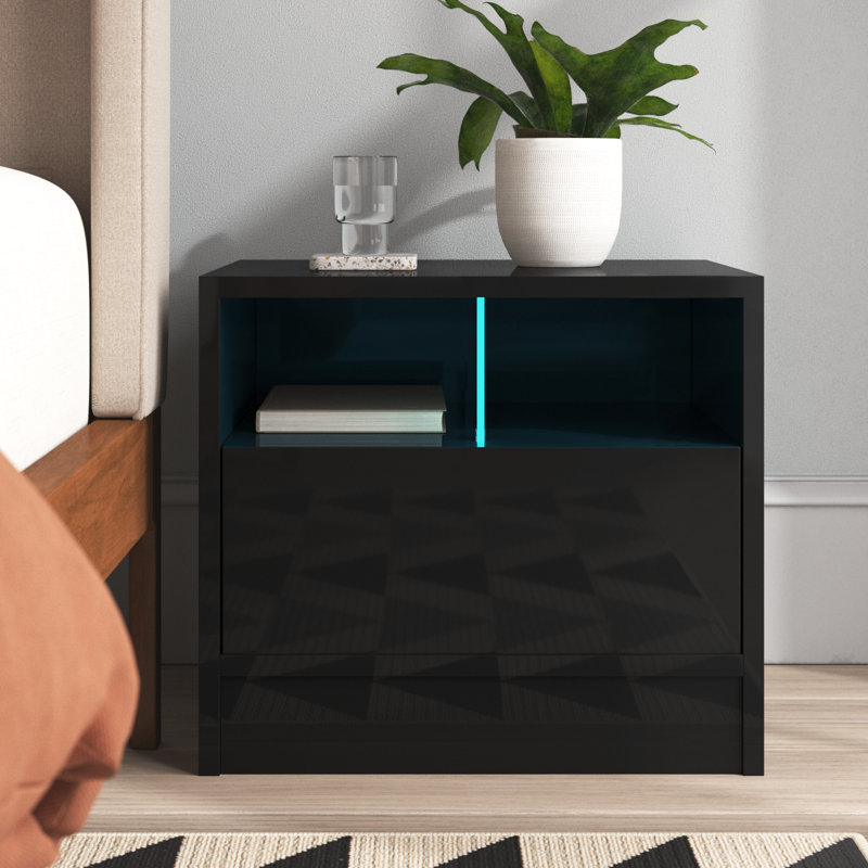 Bendite 19.7" Nightstand with 16-Color LED Lighting, High Gloss Finish, Black
