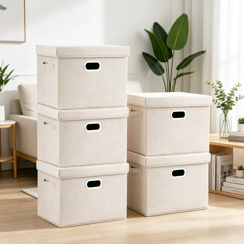 Grands bacs de rangement en tissu avec couvercles, boîtes de rangement pliables pour l'organisation, lavables, 17,3 x 11,8 x 11,4 pouces, paquet de 5, beige