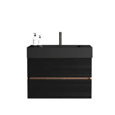 Meuble-lavabo mural flottant de 30 po avec lavabo en quartz noir mat, double tiroir doux, panneau de grille unique, épissure couleur noyer, laque de qualité E0 pour la résistance à l'eau,