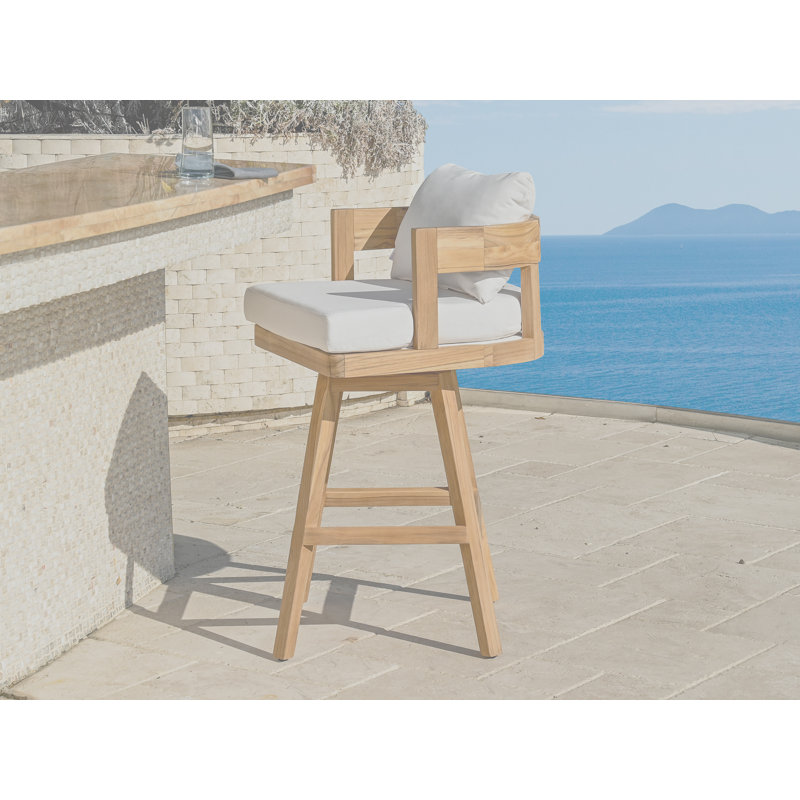 Tabouret de bar rotatif extérieur Kempson, toile Sunbrella teck naturel FSC, Blanc