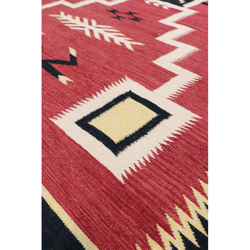 Tuscany Geometric Handmade Flatweave Rectangle 6'3" x 8'10" Wool Area Rug in Red/Black/Beige