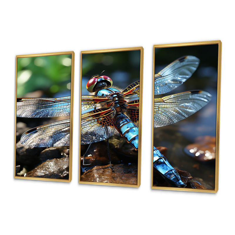 «Blue Fluttering Dragonfly I», art mural libellule, Cadre flottant doré, H 40 po x l 61 po