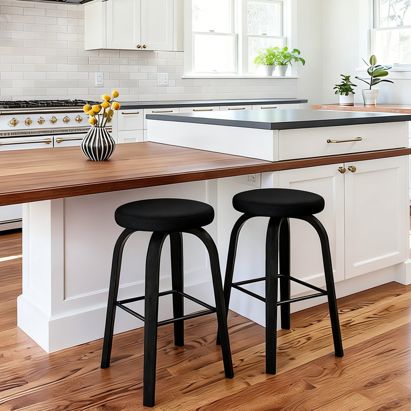 26″ Bar Stools,Mid-Century Modern Swivel Upholstered Counter Stool with Soild Wood Leg Frame, Black