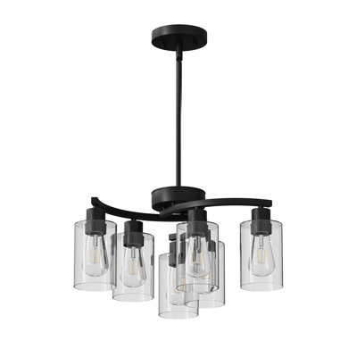 6-Light Modern Farmhouse Black Chandelier, Contemporary Dining Room Light Fixture, Adjustable Height Hanging Industrial Pendant Lights Kitchen Island, Clear Glass Shade