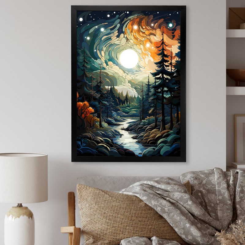 Moonlight River Into The Forest I - Forêt et rivière, art mural, Cadre photo noir, H 32 po x l 24 po x P 1 po