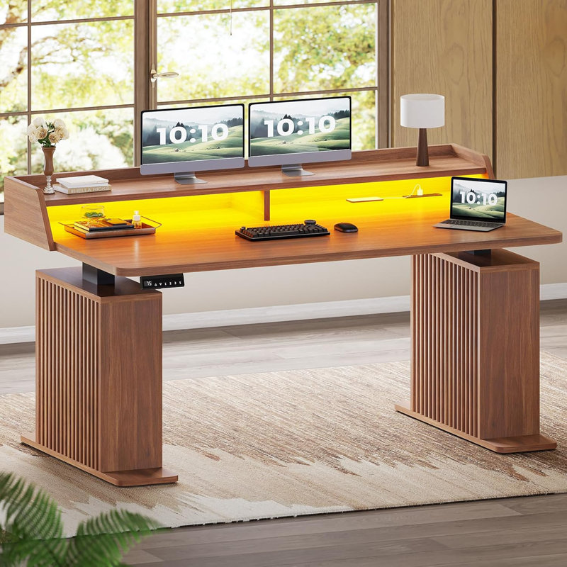 55" Standing Desk with Storage Computer Desk With Power Outlets Led Lights, Brown