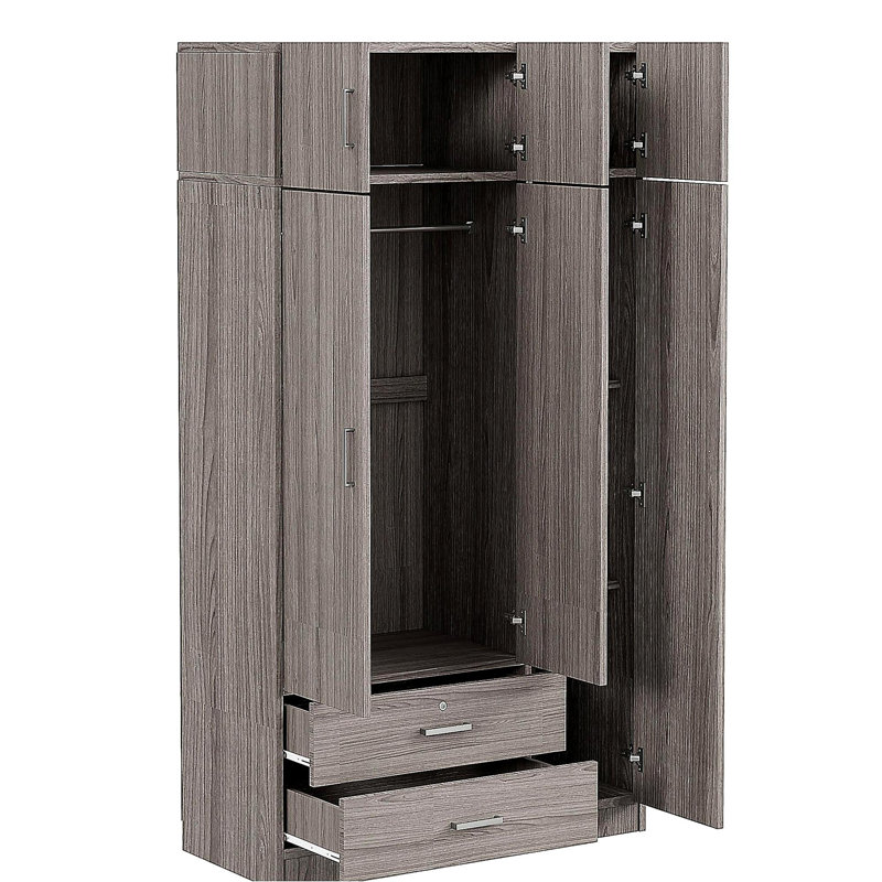Armoire à miroir 3 portes avec 2 tiroirs et armoire supérieure, gris