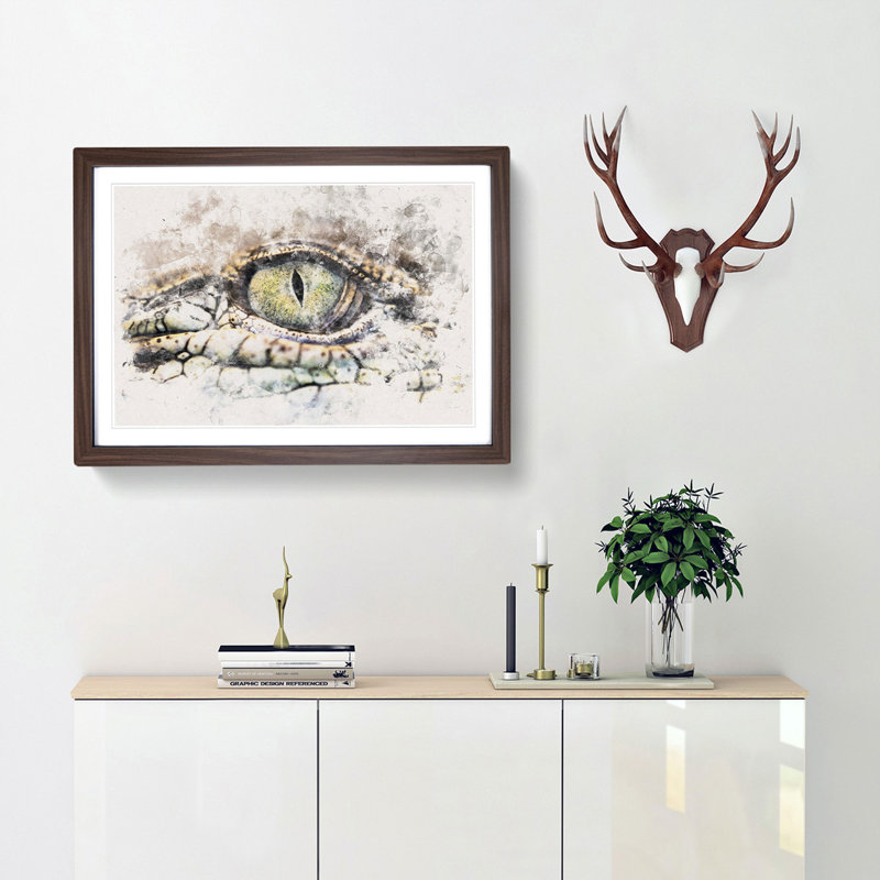 Crocodile Eye - Single Picture Frame Painting on MDF, Walnut Framed, 40cm H x 60cm W x 2cm D