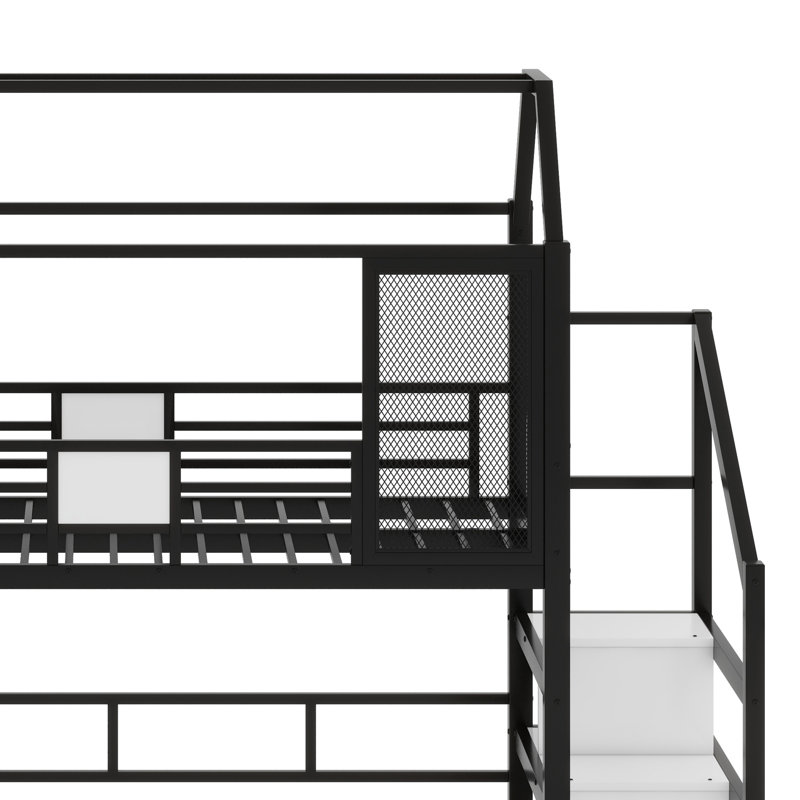 Metal House Loft Bed With Slide,Stairs And Storage Shelves, Twin, Black