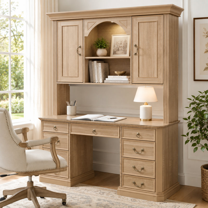 Bureau de direction 59 po avec huche, 9 tiroirs, 2 armoires de rangement à 2 portes, moulure couronnée, Chêne