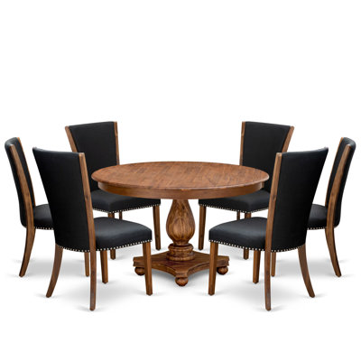7 Piece Dining Table Set for 6 Includes a 54" Round Table with Pedestal and 6 Black Linen Fabric Parson Chairs, Antique Walnut