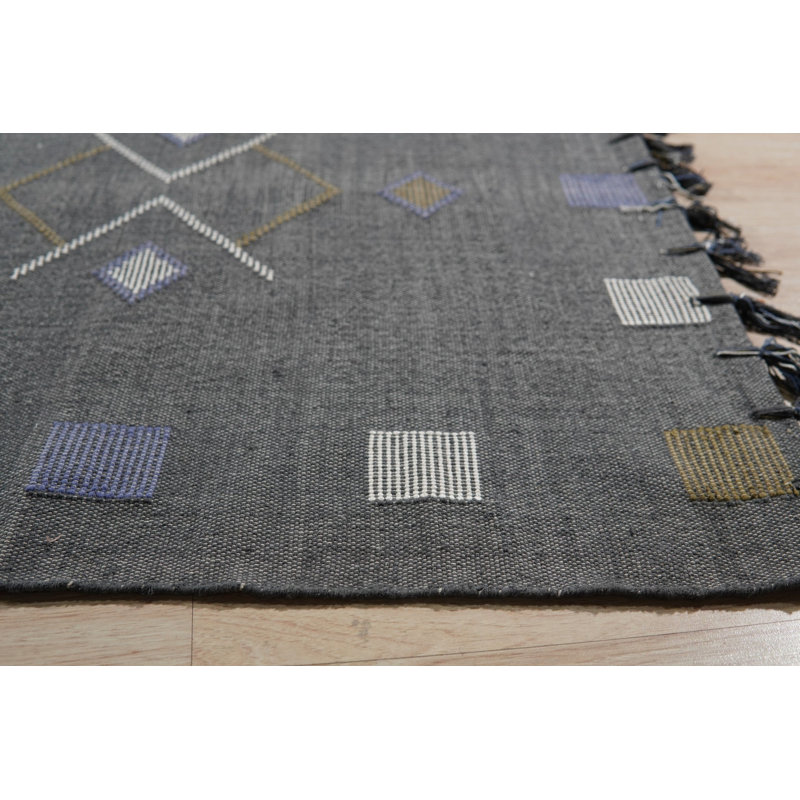 Tapis gris en coton noué à la main à motif géométrique contemporain, Rectangulaire 4 pi x 6 pi