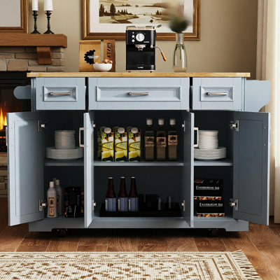 54" Large Kitchen Island With Rubber Wood Drop Leaf, Embossed Texture Rolling Kitchen Cart On 4 Wheels With 4 Doors And 3 Drawers, Kitchen Island With by Lark Manor