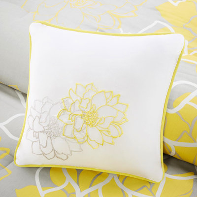Taupe Grey/Yellow Comforter King Size - Printed Cotton, , Bed Skirt, Grey/Yellow, Cotton , 1 Comforter, 2 Shams, 3 Pillows