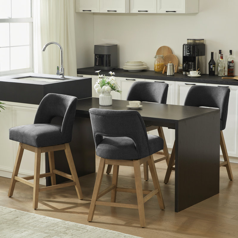 Ensemble de 4 tabourets de bar pivotants de 26 po de hauteur, siège rembourré en polyester sur structure en bois massif, 4
