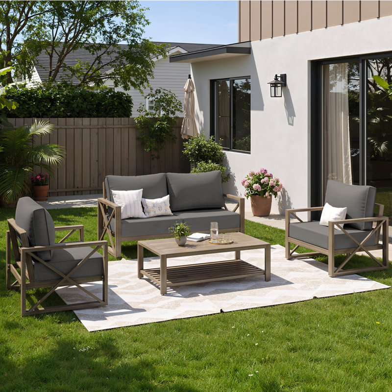 Ensemble de conversation de patio en aluminium 4 pièces avec finition en grain de bois artificiel et coussins, Gris foncé