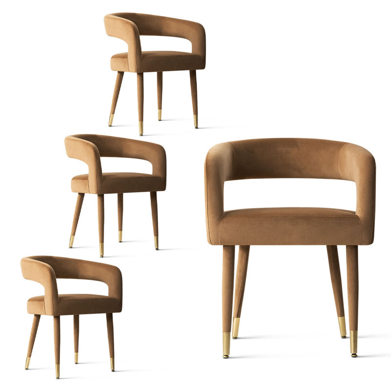 Velvet Upholstered Dining Chairs, Modern Barrel Back Armchairs With Fabric-Wrapped Metal Legs And Gold Caps, Camel