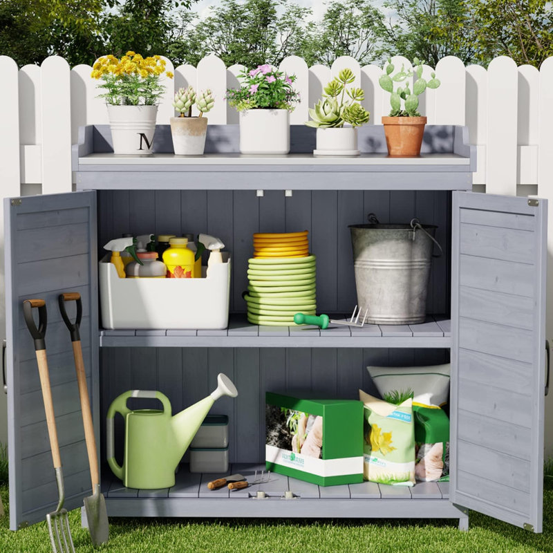 Banc de rempotage Charvette avec armoire de rangement et plateau en métal, gris