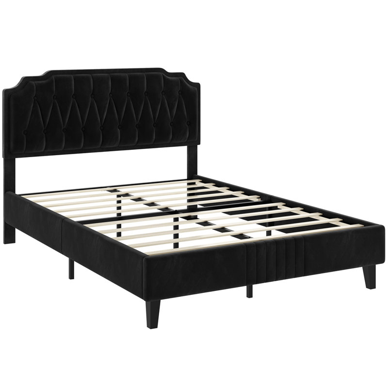 Upholstered Bed Frame with with Diamond Button-Tufted Headboard, King, Black
